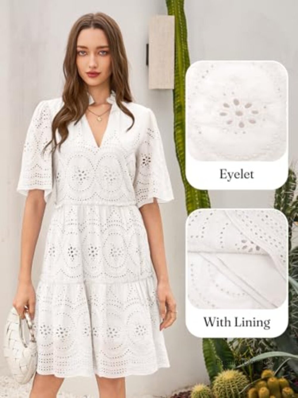 Women's Eyelet Babydoll Dress Short Sleeve V Neck Lace Ruffle Tiered Mini Casual - Picture 4 of 6